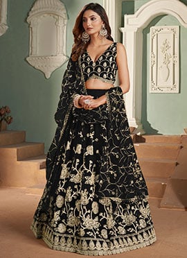Black Net Embroidered Sequins Umbrella Lehenga