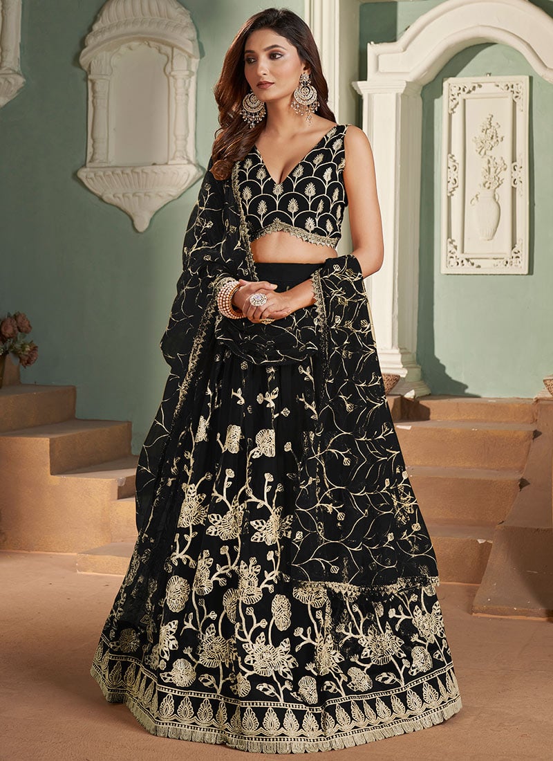 Black Net Embroidered Sequins Umbrella Lehenga Party Wear