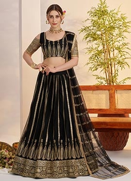 Black Net Embroidered Sequins Umbrella Lehenga