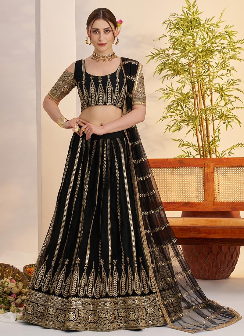 Black Net Embroidered Sequins Umbrella Lehenga Wedding Wear