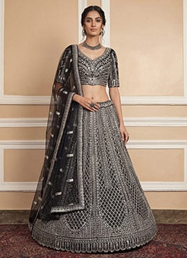 Black Net Embroidered Sequins With Stone Work Lehenga