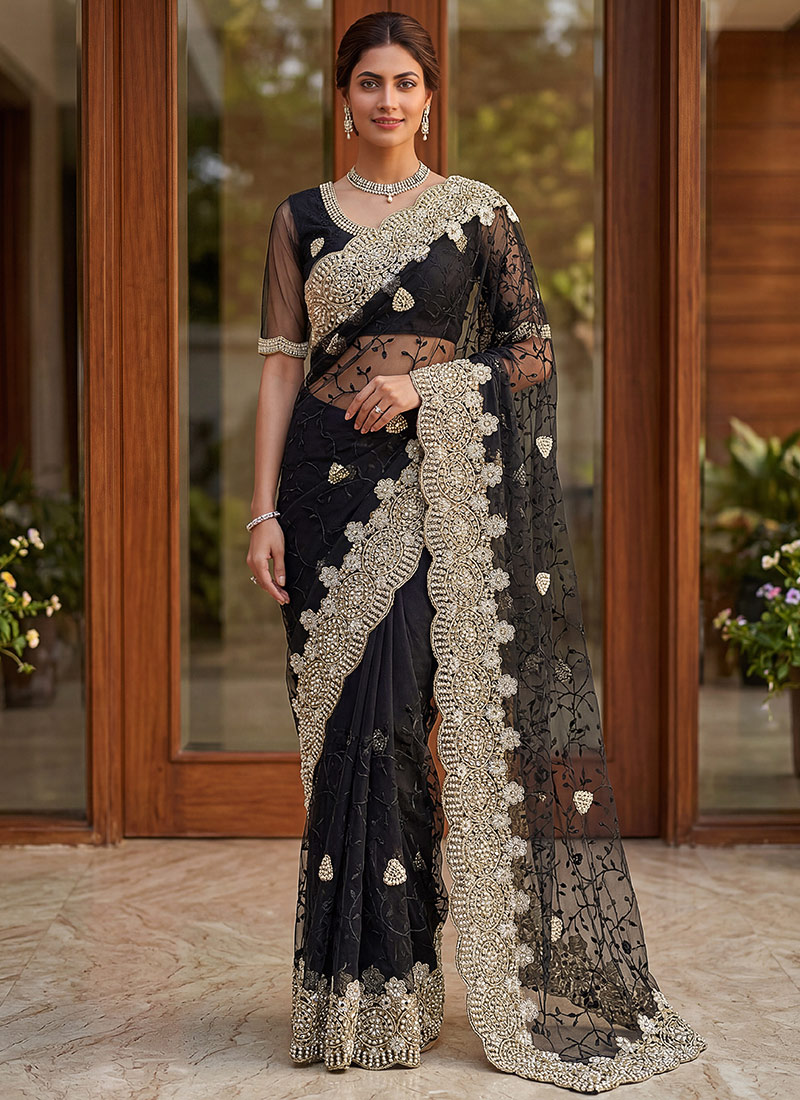 Black Net Embroidered With Beads Work Saree After Six Wear