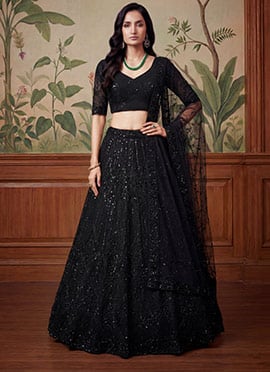 Black Net Hand Embroidered Sequins With Stone Work Lehenga