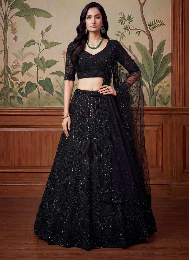 Black Net Hand Embroidered Sequins With Stone Work Lehenga  Wedding Wear