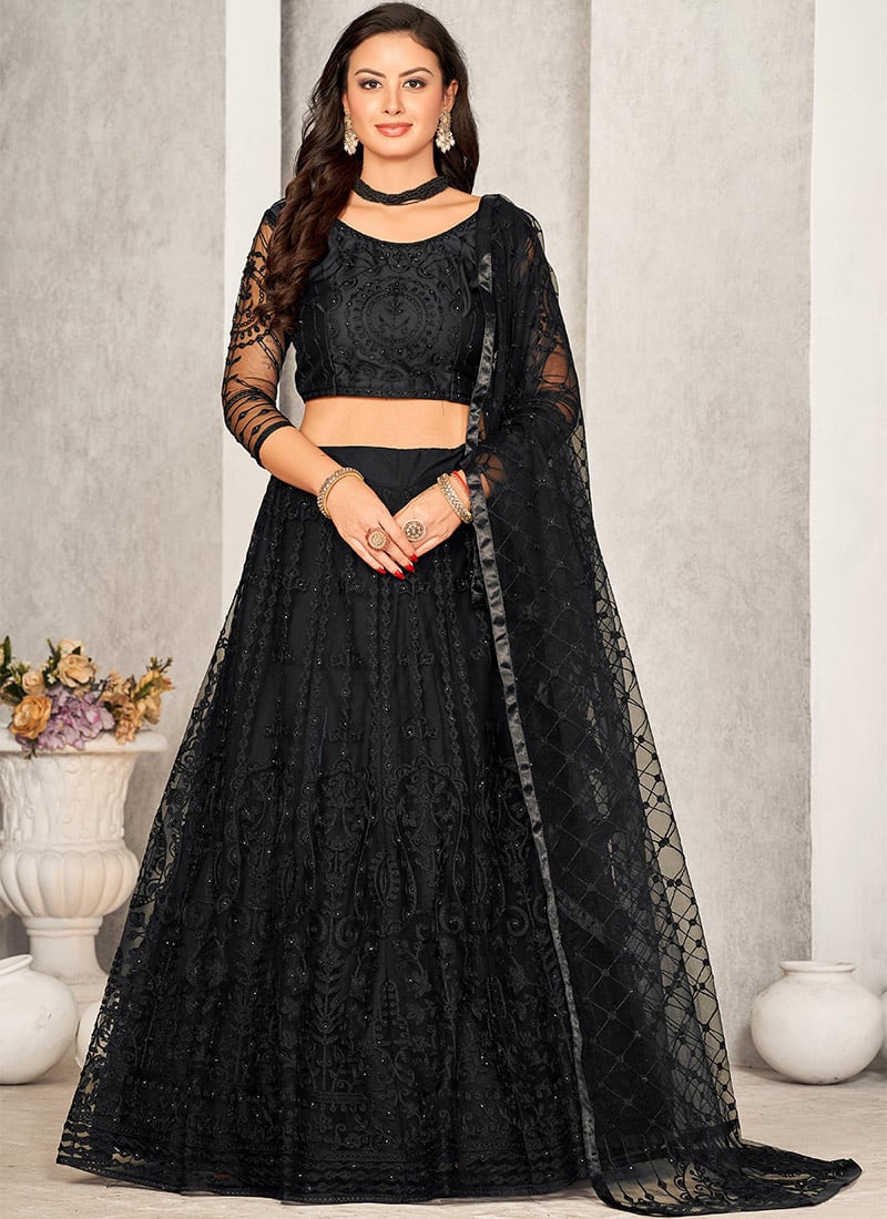 Black Net Indian Umbrella Lehenga Embossed With Embroidery Party Wear
