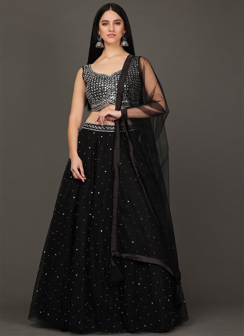 Black Net Mirror and Zarkan Hand Embroidered Umbrella Lehenga N Choli With Dupatta
