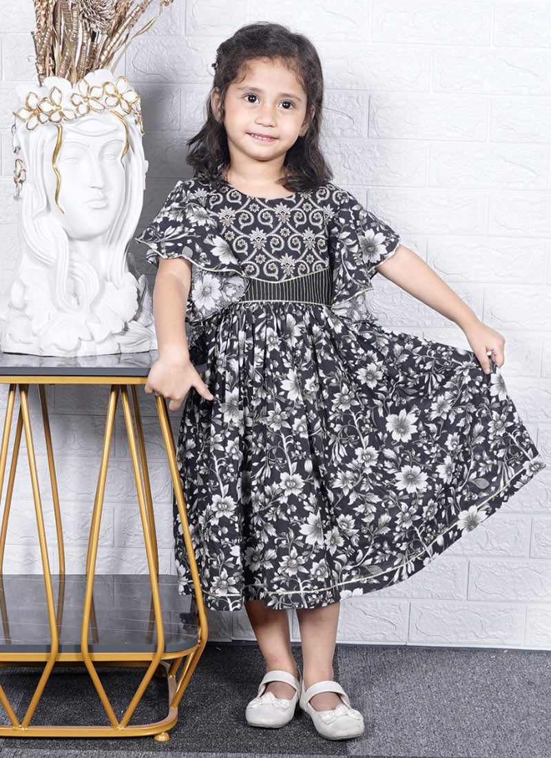 Black Net Printed Kids Girls Fit And Flare Dress Festive Wear