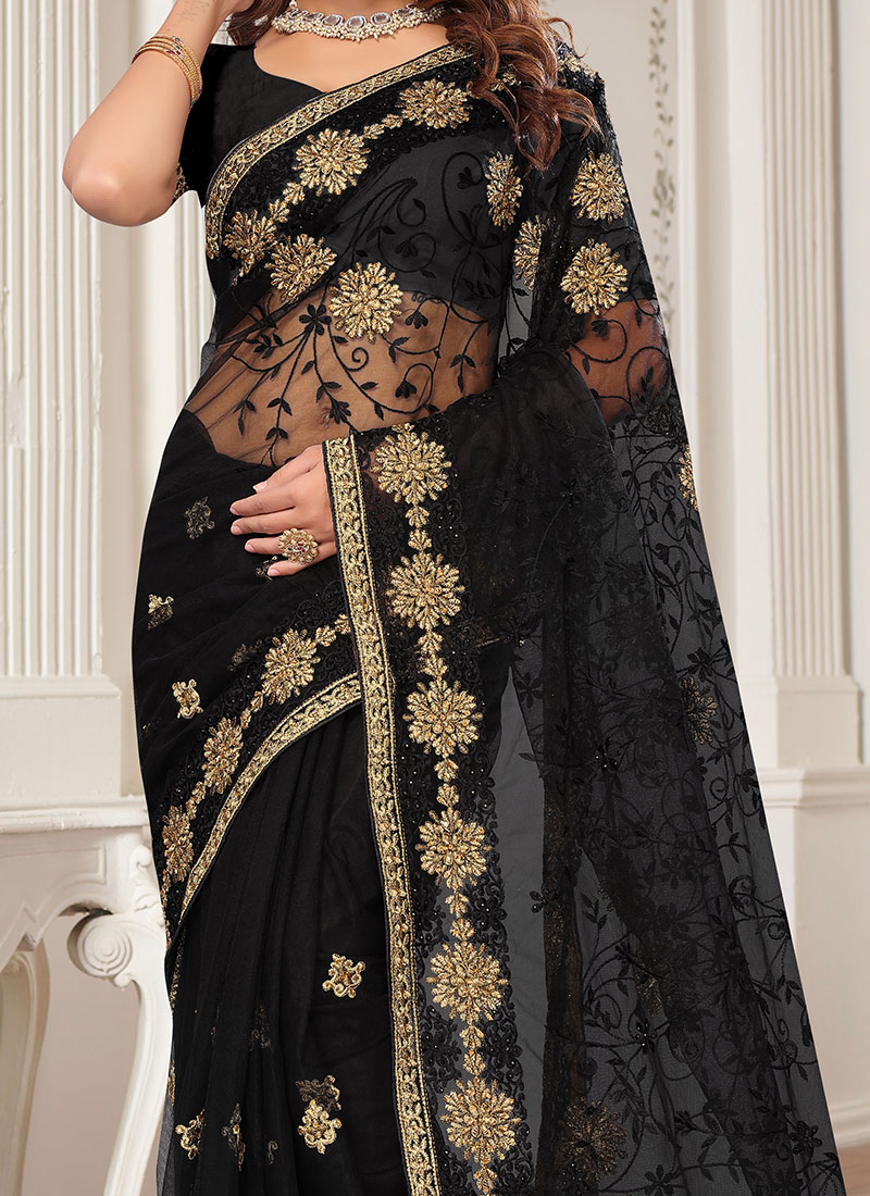Net Floral Zari & Resham Embroidered Saree Embellished With Stone Work main image 0