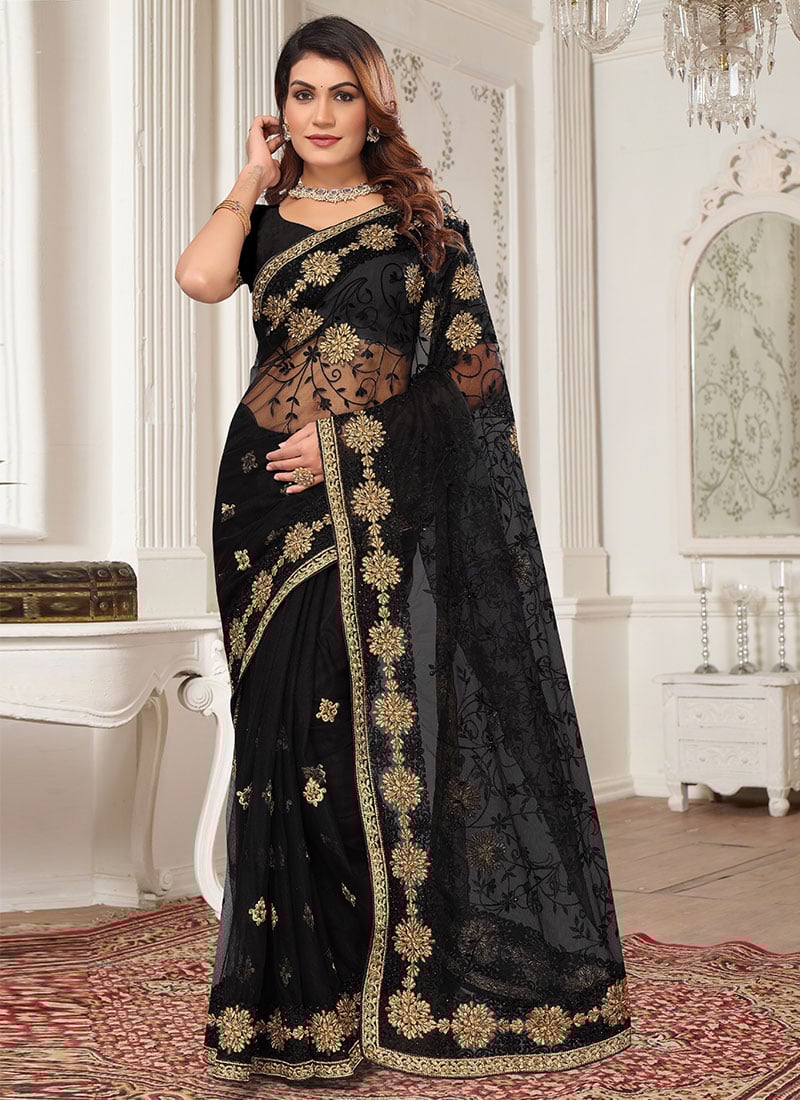 Black Net Resham Zari Festive Border Saree With Embroidery And Stone Party Wear
