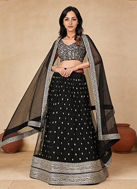 Black Net Sequins Embroidered A Line Lehenga