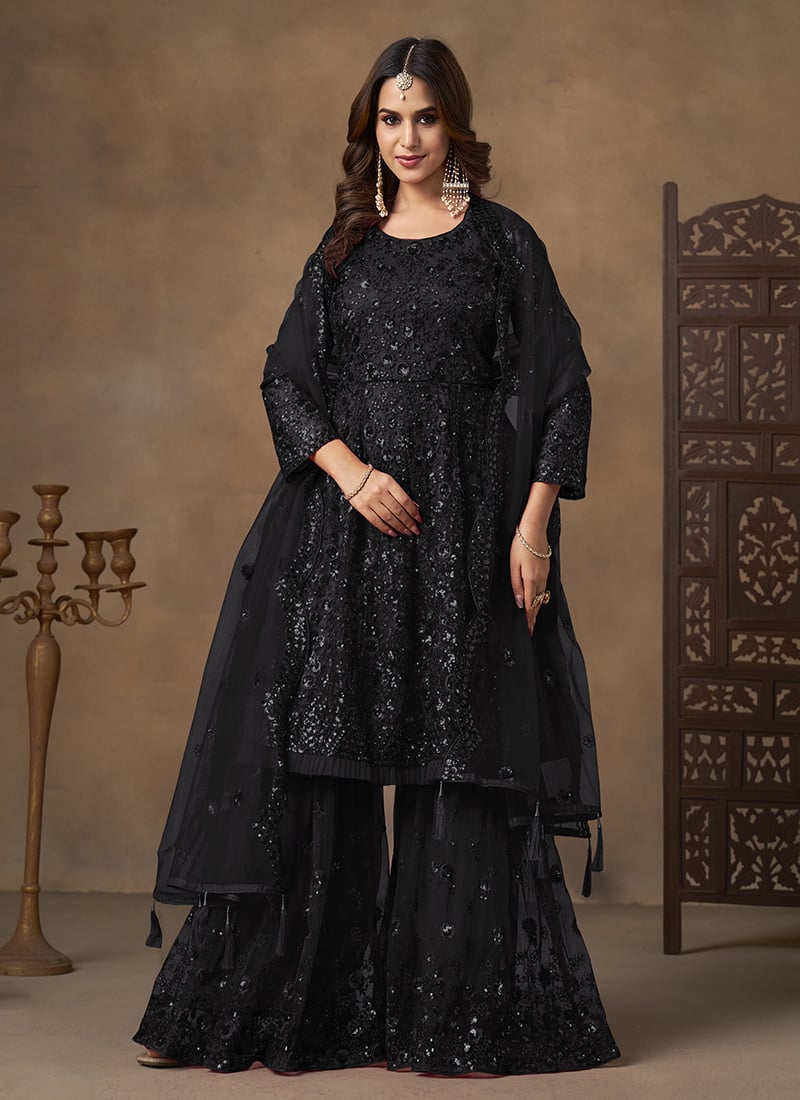 Black Net Sequins Embroidered Thread Sharara Suit Festive Wear