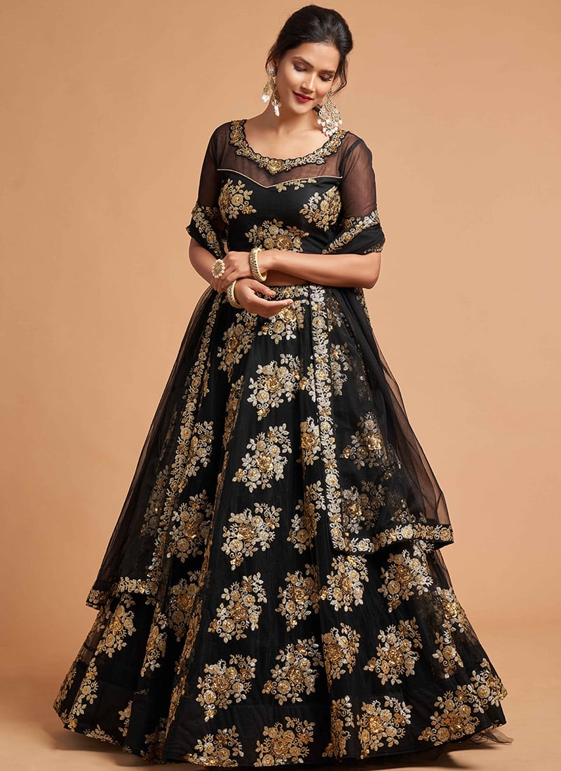 Black Net Sequins Embroidered Umbrella Lehenga Party Wear