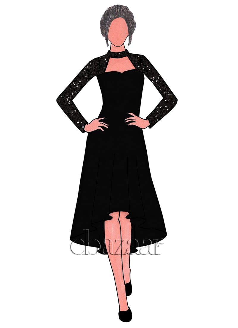 Black Net Sequins High N Low Dress Party Wear