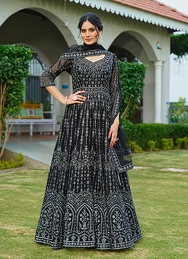 Black Net Zari Embroidered Stone Work Dazzling Anarkali Suit