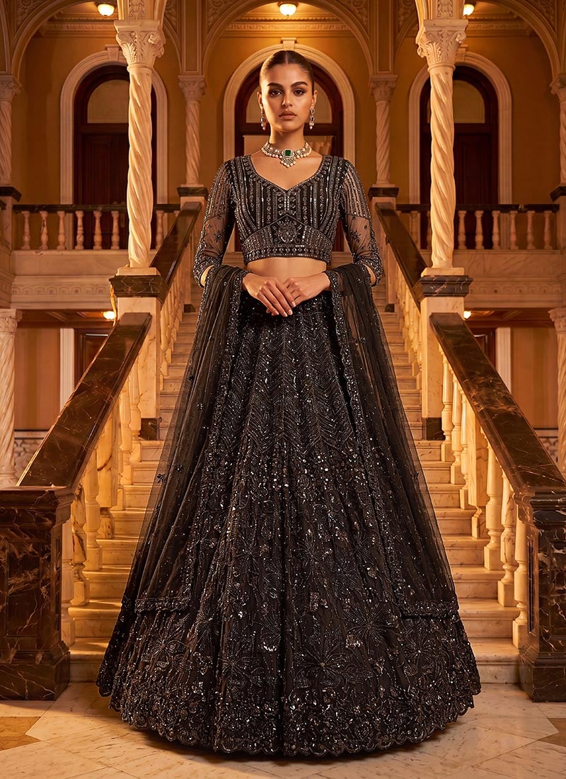Black Net Zari Hand Embroidered Sequins Lehenga Wedding Wear