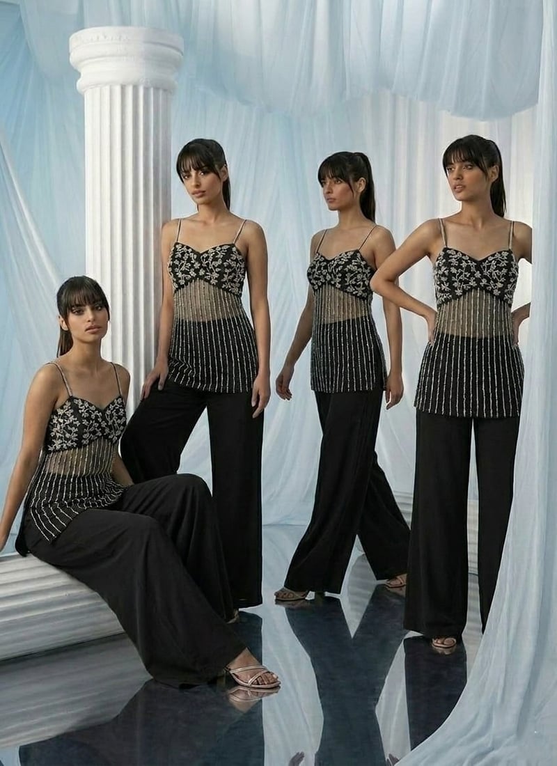 Black Net Zari Sequins Hand Embroidered Indowestern Palazzo Set Wedding Wear