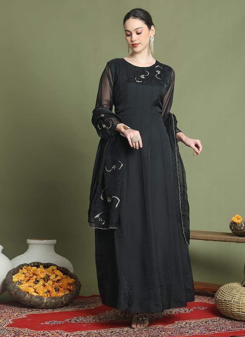 Black Organza Embroidered Anarkali Suit After Six Wear