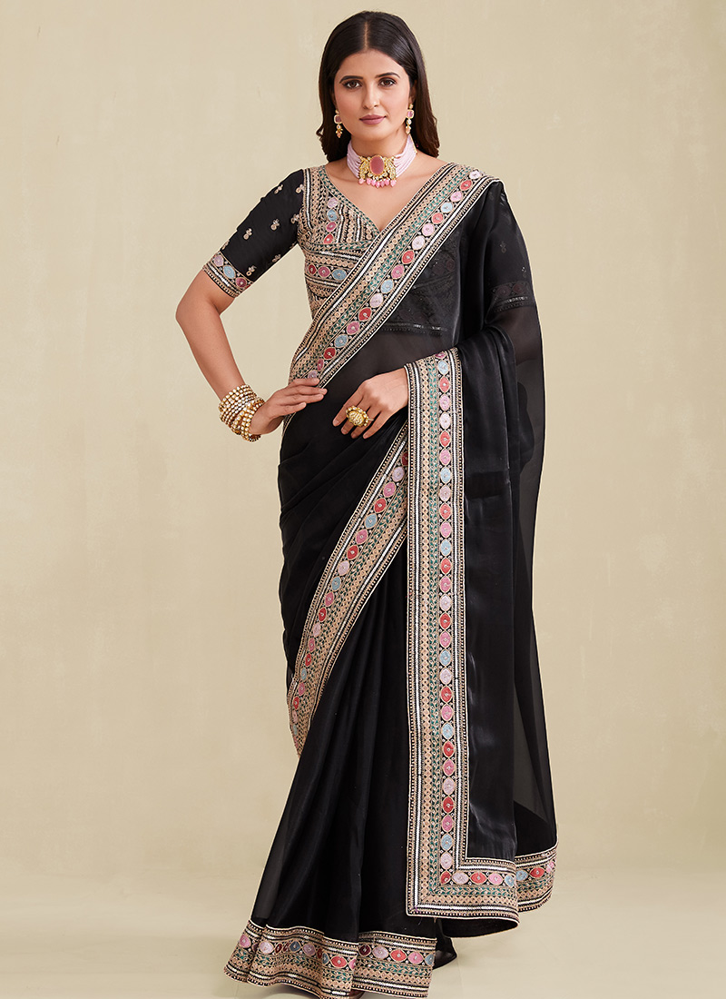 Black Organza Embroidered Saree After Six Wear