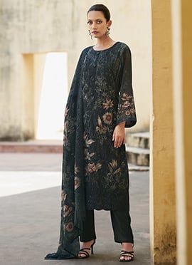 Black Organza Embroidered Sequins And Digital Print Straight Pant Suit