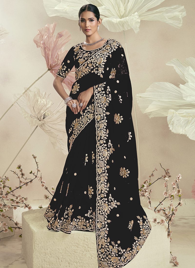Black Organza Embroidered Sequins And Zari Saree Wedding Wear