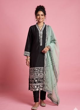 Black Organza Embroidered Straight Pant Suit