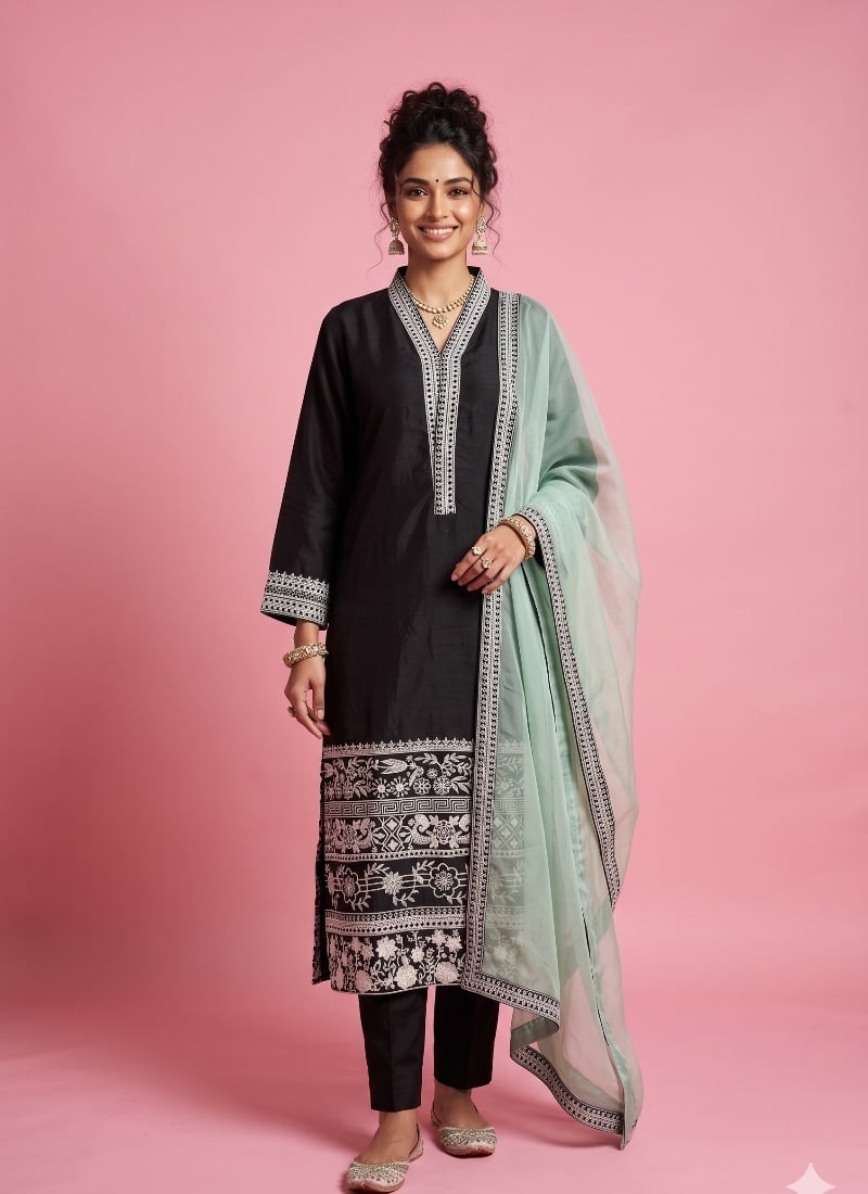 Black Organza Embroidered Straight Pant Suit After Six Wear