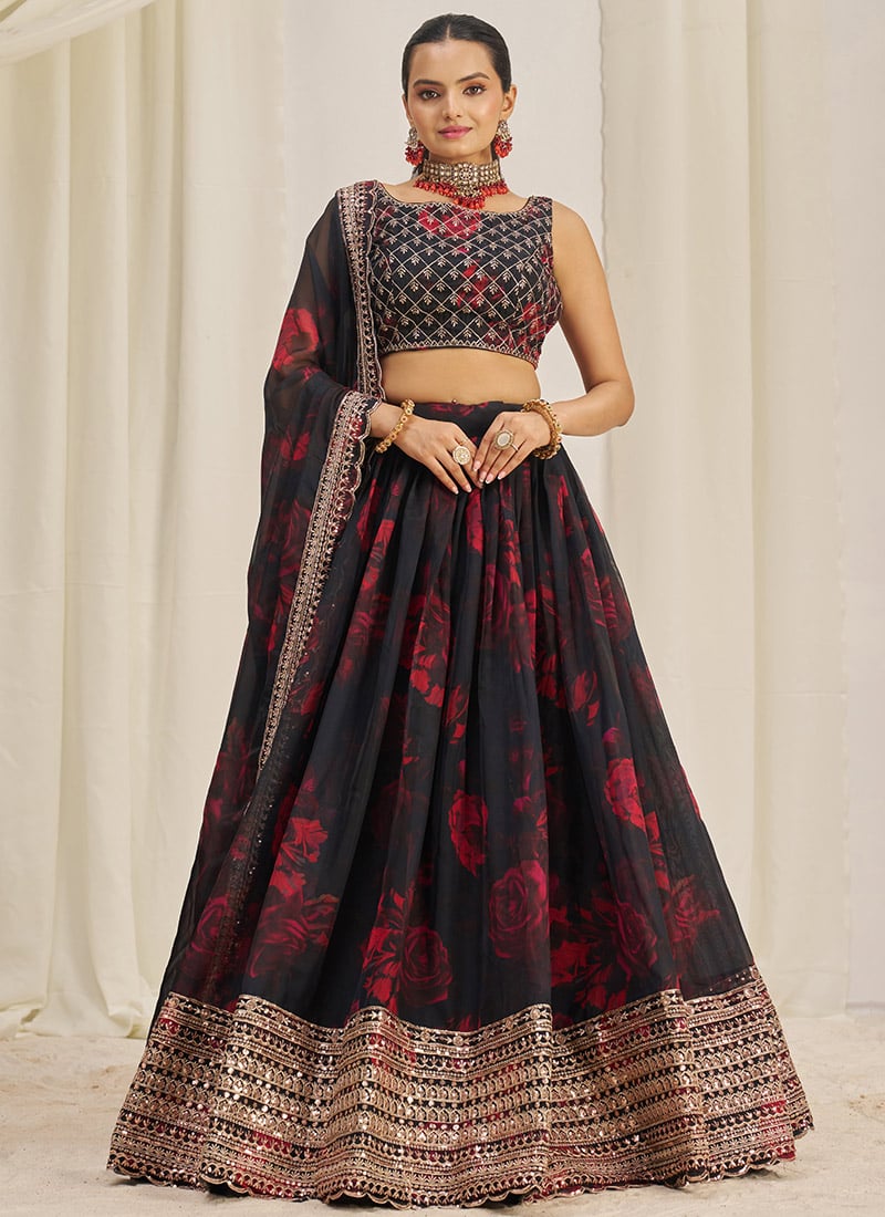 Black Organza Floral Digital Print Embroidered Sequins Elegant Lehenga  Wedding Wear