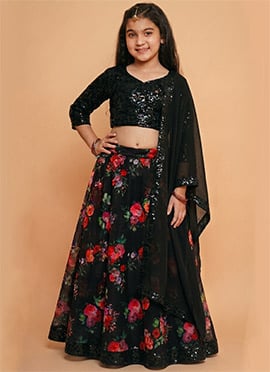 Black Organza Floral Lehenga Choli For Young Girls