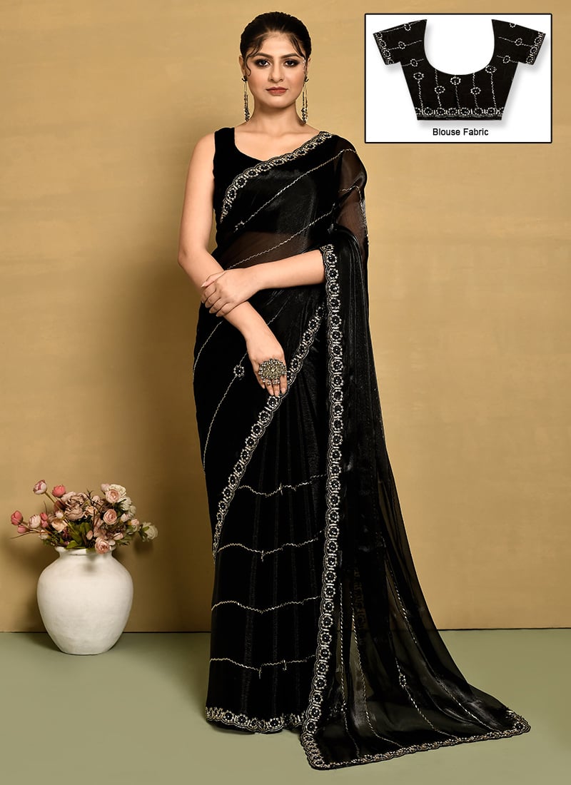Black Organza Hand Embroidered Saree