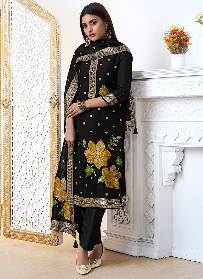 Black Organza Jaccquard Floral Dyed Straight Pant Suit Festive Wear