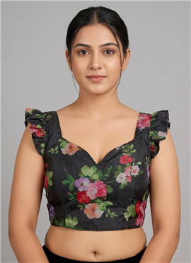 Black Organza Print Smocking Stretchable Blouse