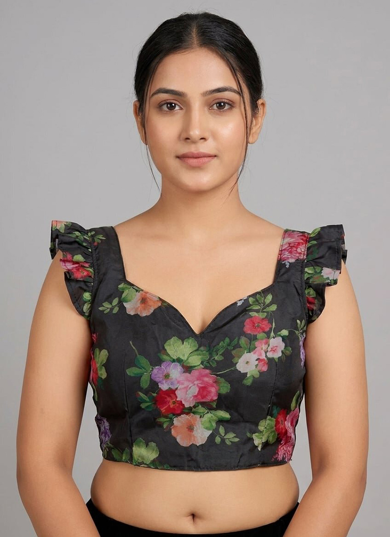 Black Organza Print Smocking Stretchable Blouse Festive Wear