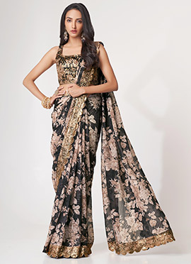 Black Organza Printed N Sequins Work Saree