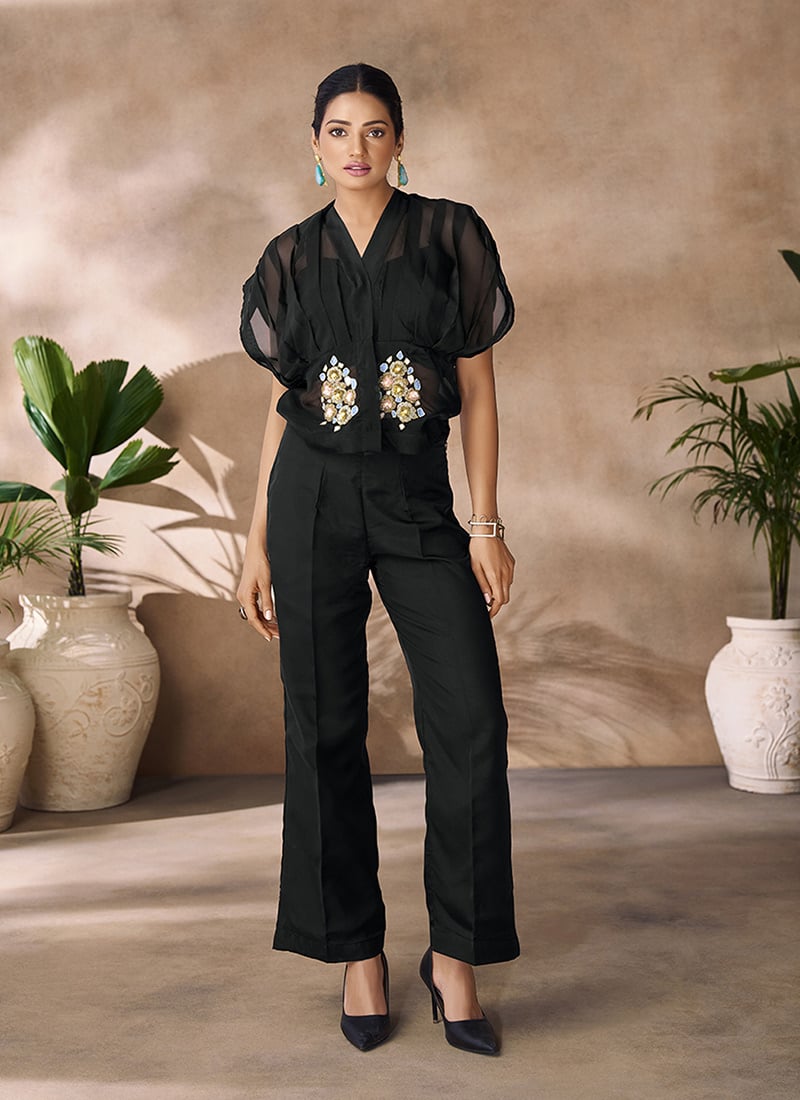 Black Organza Sequins With Beads Handwork Indowestern Co ord Jacket Set After Six Wear
