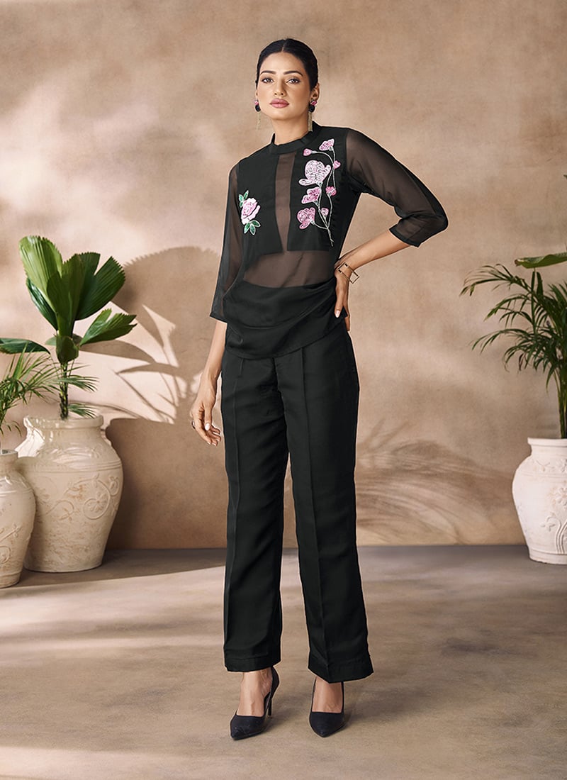 Black Organza Sequins With Beads Handwork Indowestern Co ord Set After Six Wear