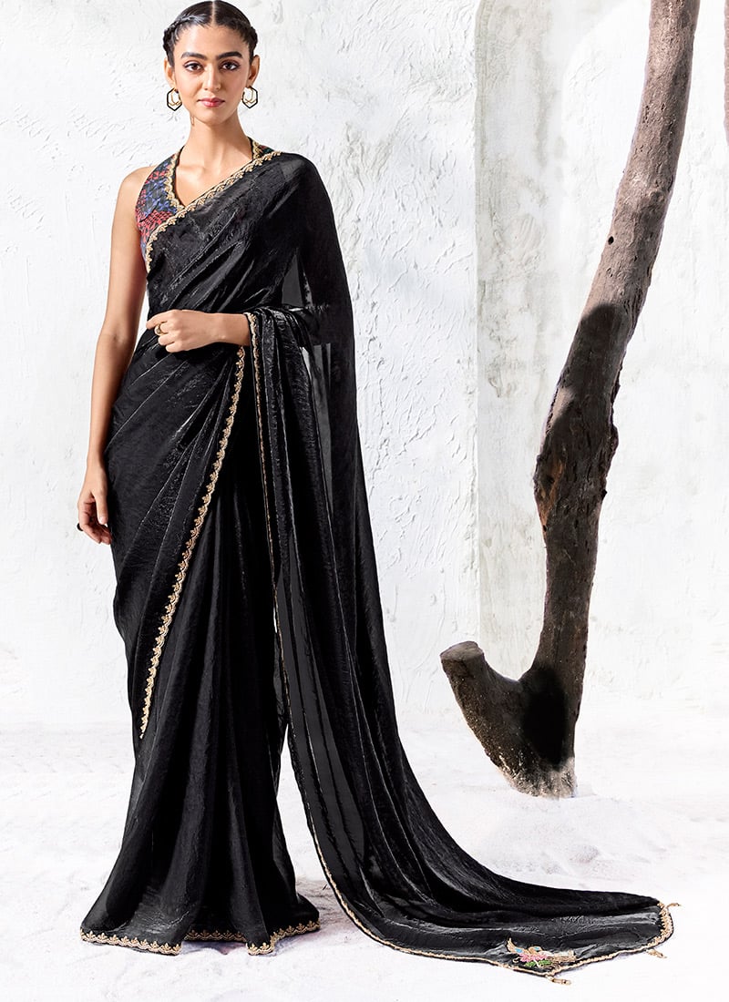 Black Organza Silk Embroidered Saree with Digital Print Blouse After Six Wear