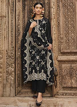 Black Organza Silk Zari Embroidered Semi Palazzo Suit