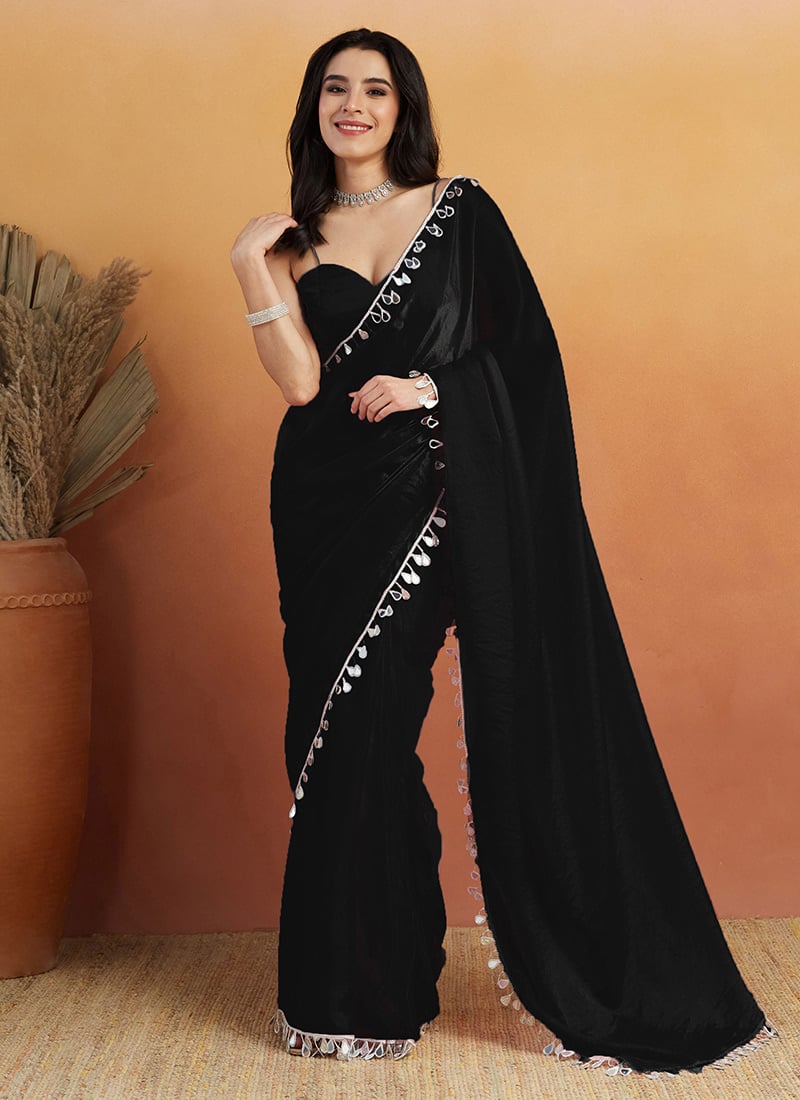 Black Organza Teardrop Lace Border Saree After Six Wear