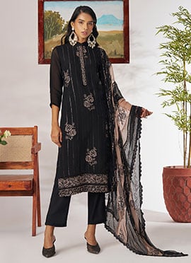 Black Organza Thread Embroidered Sequins Straight Pant Suit Festive Wear