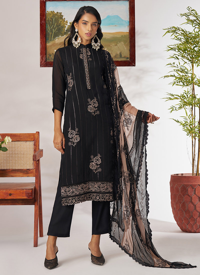 Black Organza Thread Embroidered Sequins Straight Pant Suit Festive Wear