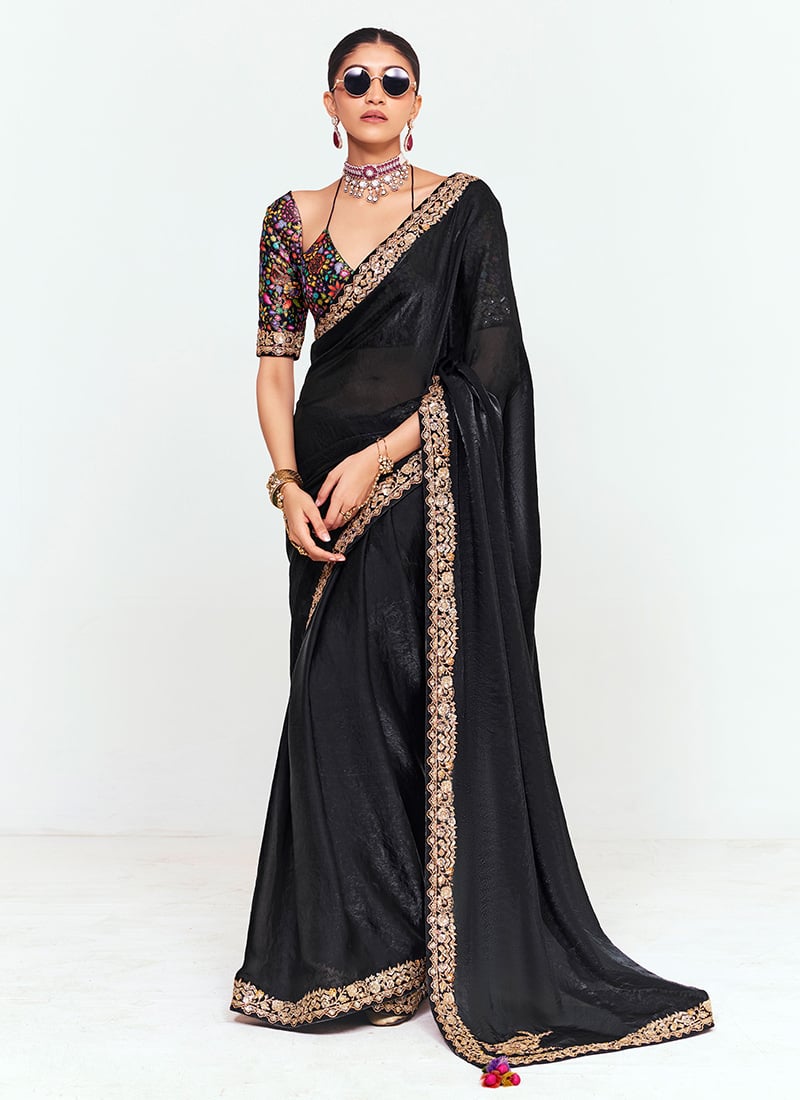 Black Organza Tissue Embroidered Border Saree After Six Wear