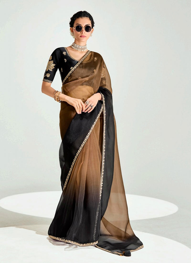 Black Organza Tissue Zari Embroidered Sequins Saree Festive Wear