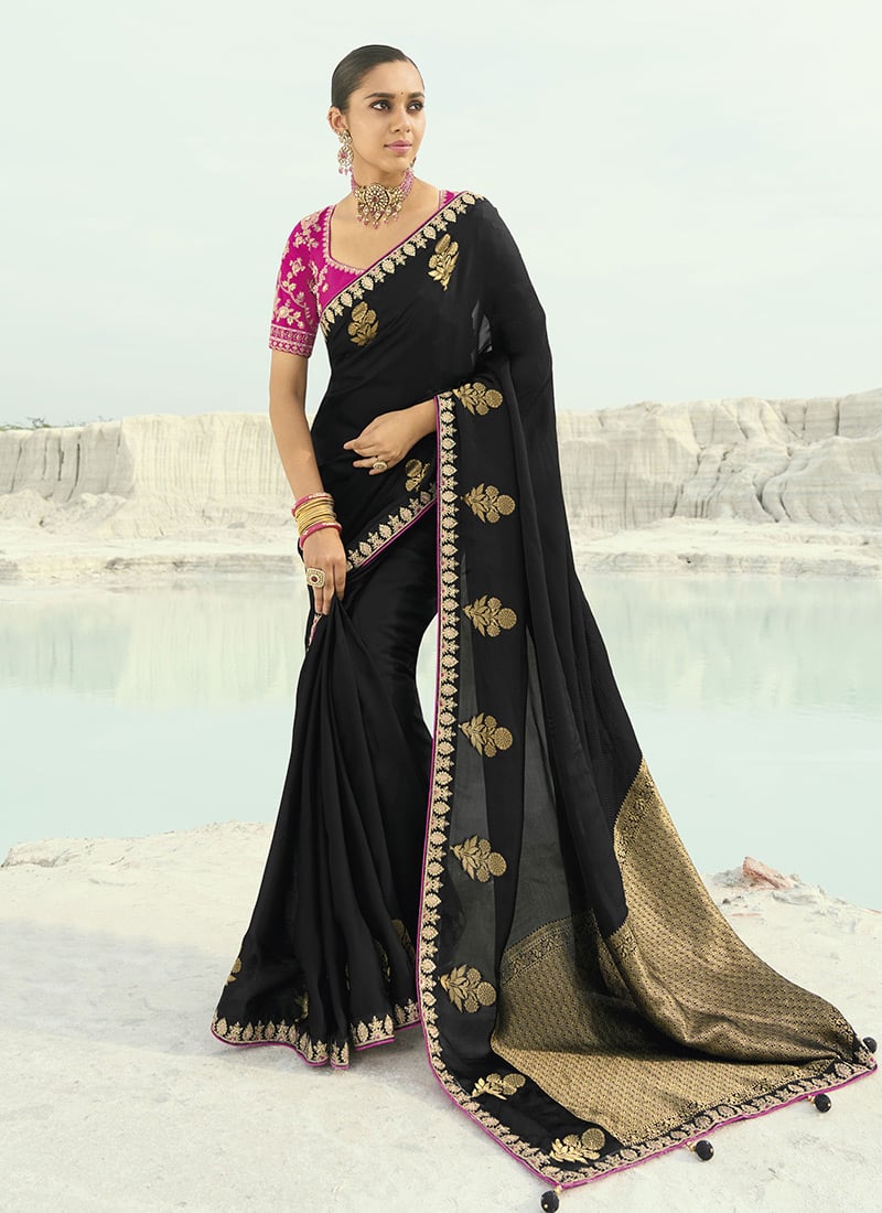 Black Organza Viscose Satin Silk Zari Embroidered Sequins With Moti Work Saree