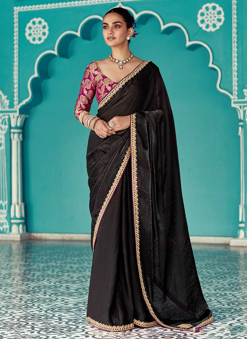 Black Organza Zari Embroidered Sequins Saree
