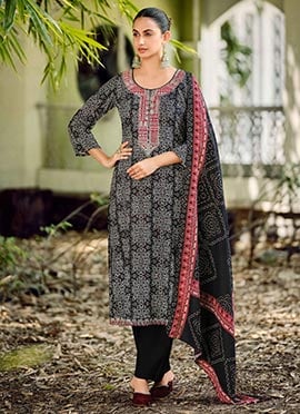 Black Pashmina Bandhini Print Straight Pant Suit