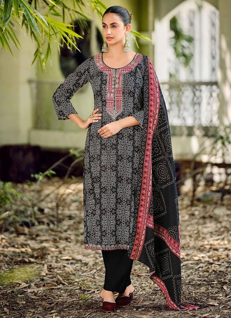 Black Pashmina Bandhini Print Straight Pant Suit After Six Wear