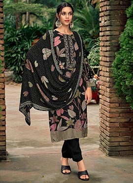 Black Pashmina Digital Print Embroidered Straight Pant Suit