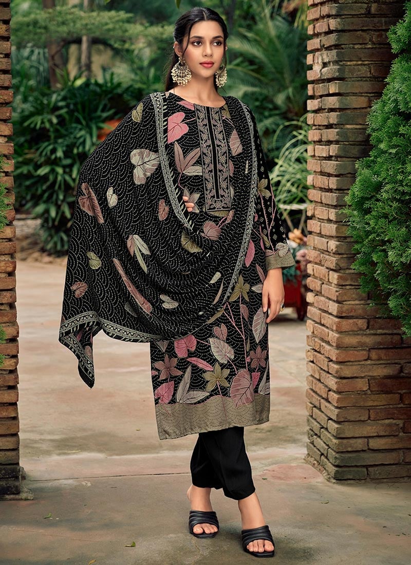 Black Pashmina Digital Print Embroidered Straight Pant Suit After Six Wear