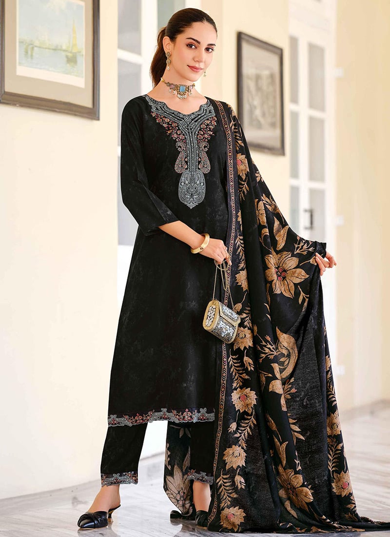 Black Pashmina Embroidered Straight Pant Suit With Digital Print Dupatta After Six Wear