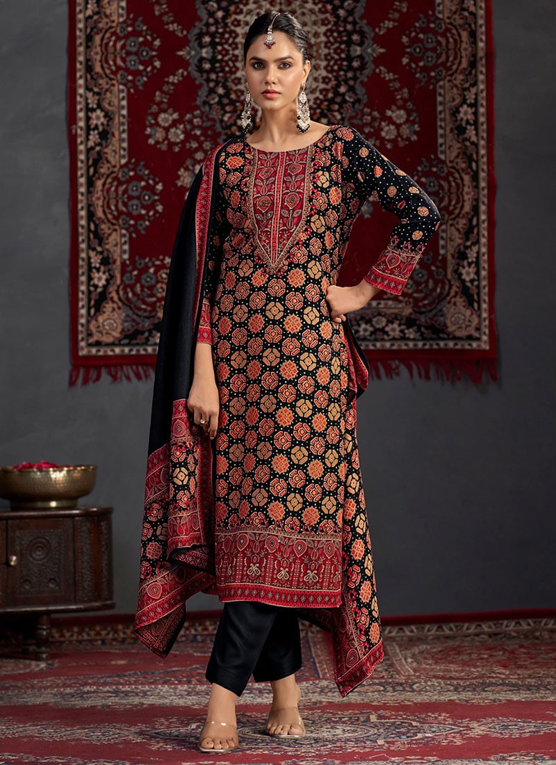 Black Pashmina Printed Sequins Straight Pant Suit After Six Wear